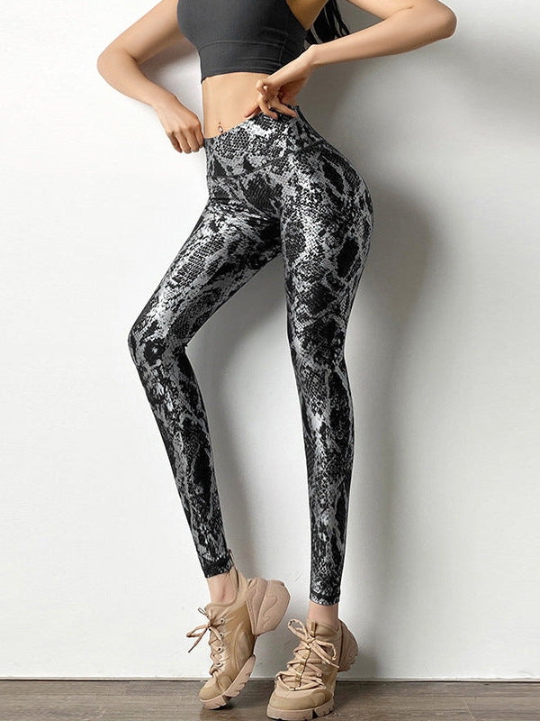 Viva Trend | Damen Leggings mit hoher Taille und bronziertem Schlangenhautmuster