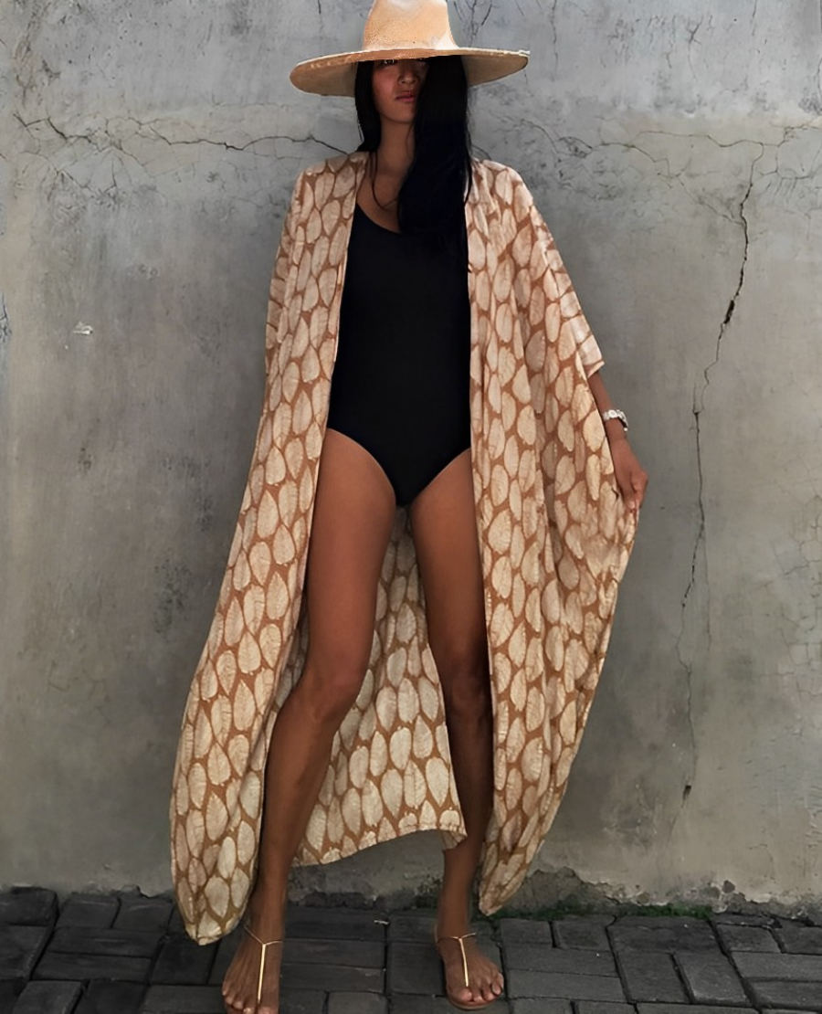 Viva Trend Retro Kimono | Langer, gemusterter Strandkimono mit Gürtel für Damen