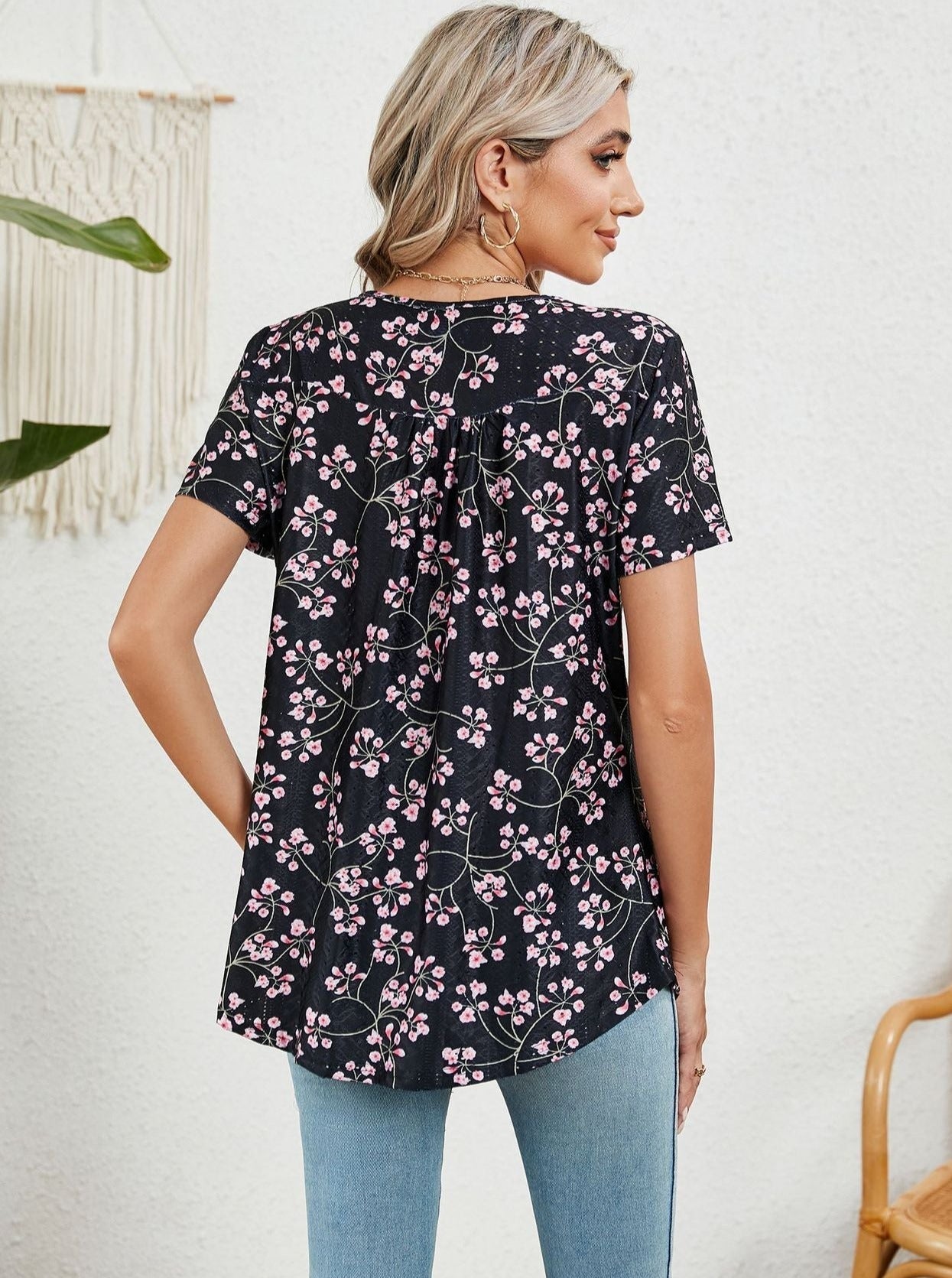 Marineblau Lose bedrucktes Schwalbenschwanz Kurzarm-T-Shirt
