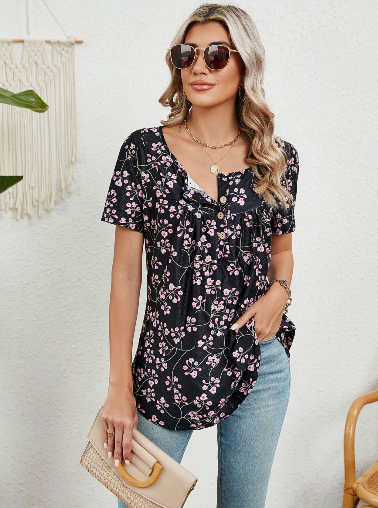 Marineblau Lose bedrucktes Schwalbenschwanz Kurzarm-T-Shirt