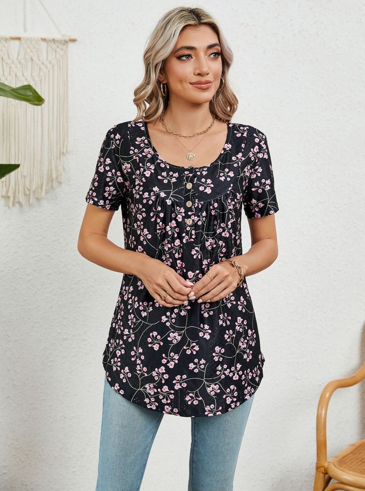 Marineblau Lose bedrucktes Schwalbenschwanz Kurzarm-T-Shirt