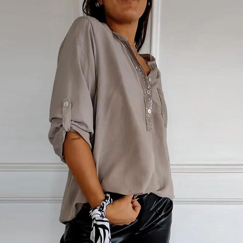 Franziska | Bluse mit V-Ausschnitt aus Baumwolle und Pailletten