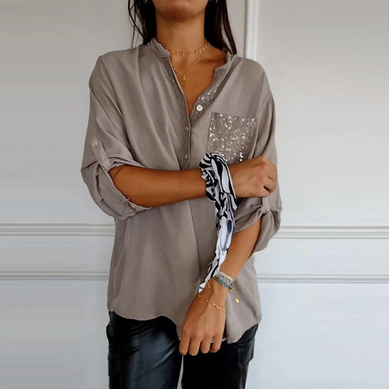 Franziska | Bluse mit V-Ausschnitt aus Baumwolle und Pailletten