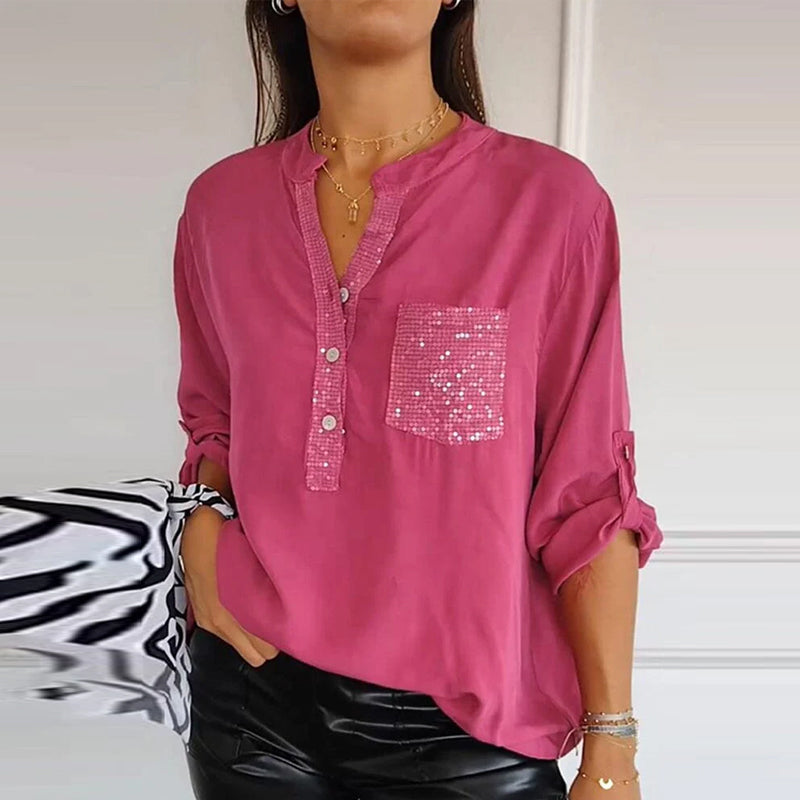 Franziska | Bluse mit V-Ausschnitt aus Baumwolle und Pailletten