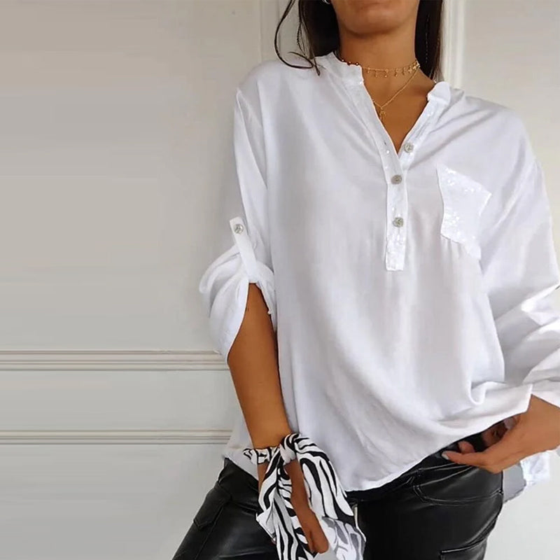 Franziska | Bluse mit V-Ausschnitt aus Baumwolle und Pailletten