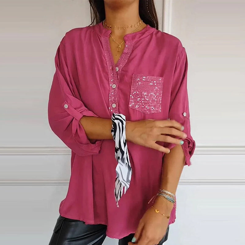 Franziska | Bluse mit V-Ausschnitt aus Baumwolle und Pailletten
