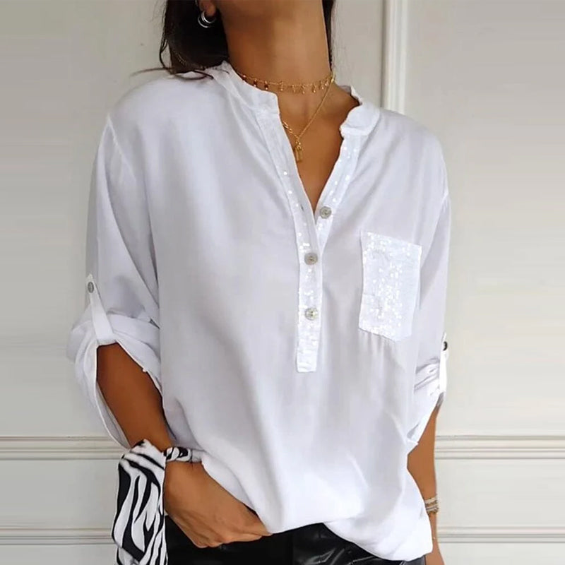 Franziska | Bluse mit V-Ausschnitt aus Baumwolle und Pailletten