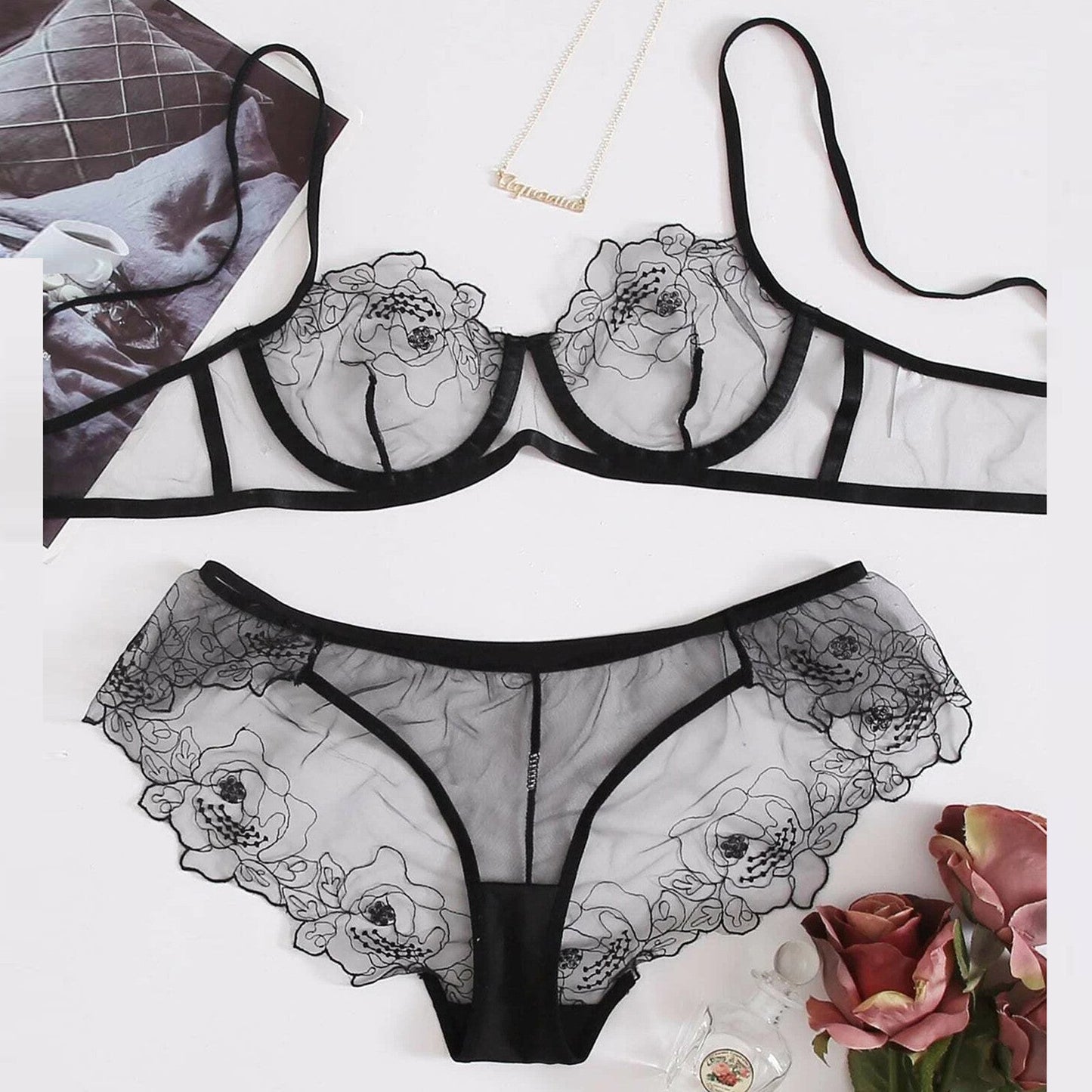 Viva Trend | Women's Mesh Stickerei Sheer Dessous Set