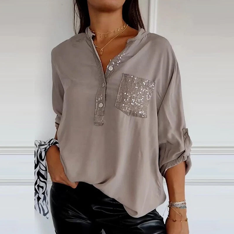 Franziska | Bluse mit V-Ausschnitt aus Baumwolle und Pailletten