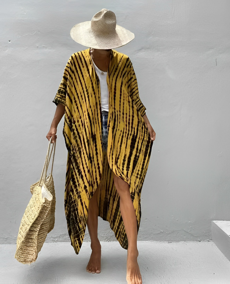 Viva Trend Retro Kimono | Langer, gemusterter Strandkimono mit Gürtel für Damen