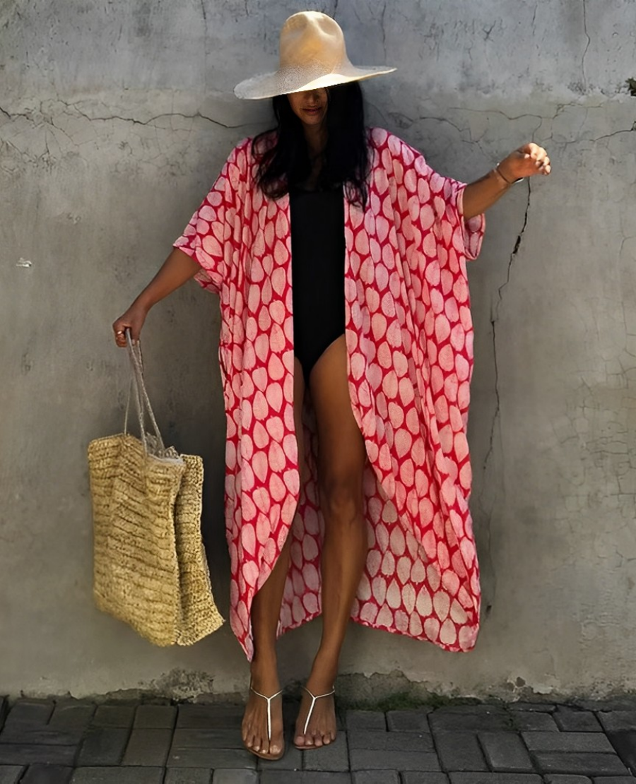 Viva Trend Retro Kimono | Langer, gemusterter Strandkimono mit Gürtel für Damen