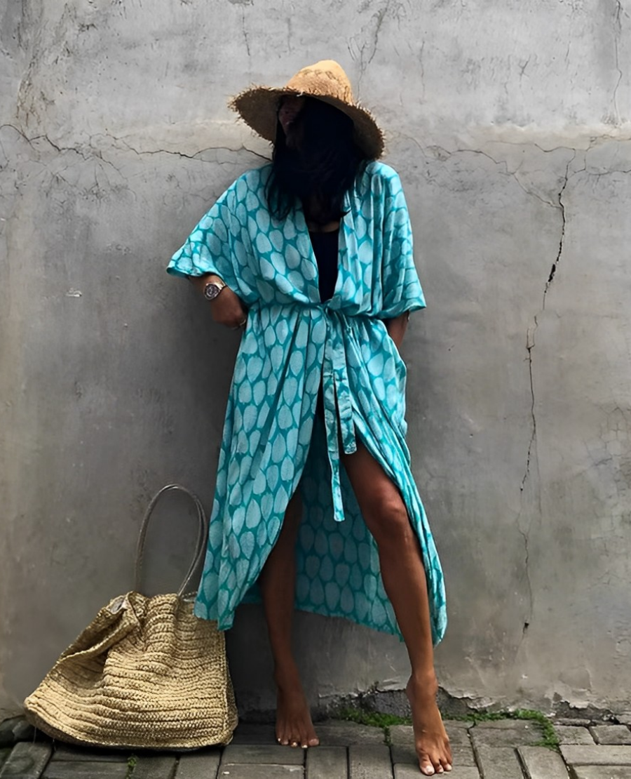 Viva Trend Retro Kimono | Langer, gemusterter Strandkimono mit Gürtel für Damen