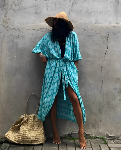 Viva Trend Retro Kimono | Langer, gemusterter Strandkimono mit Gürtel für Damen
