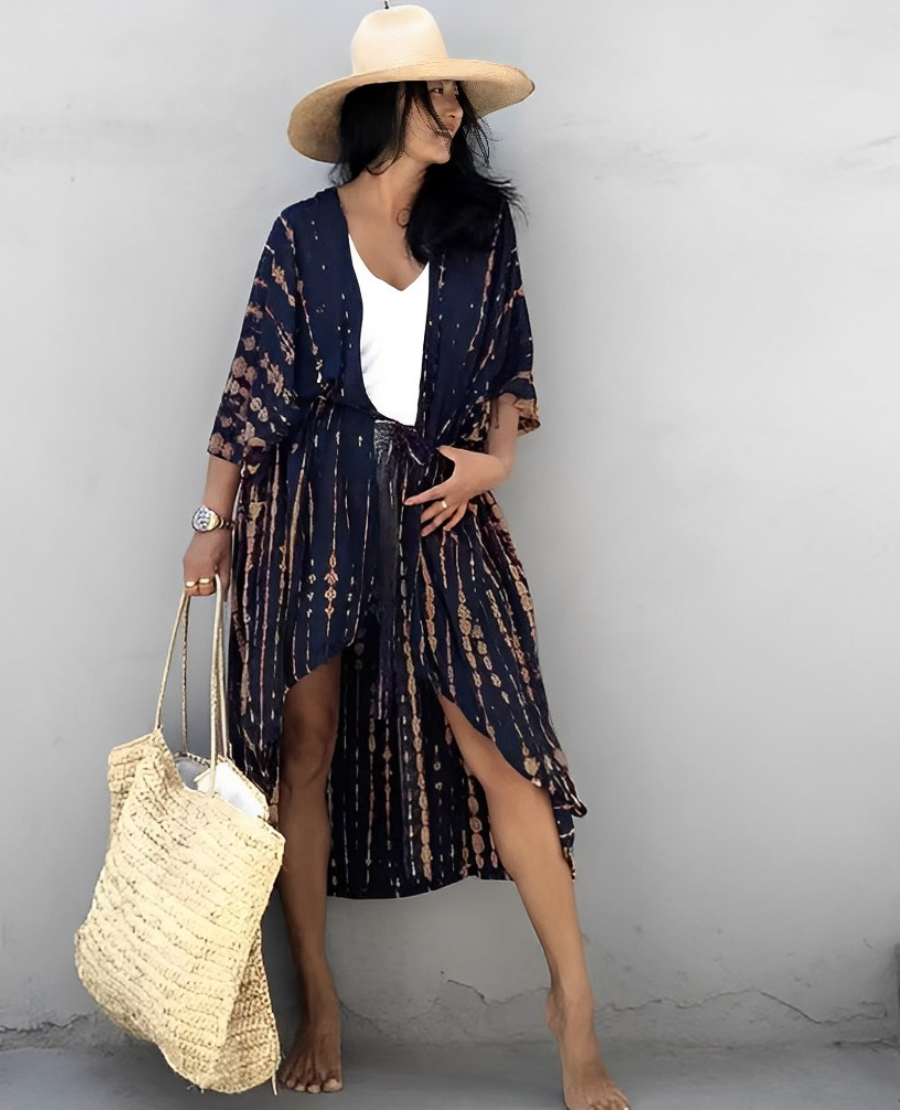 Viva Trend Retro Kimono | Langer, gemusterter Strandkimono mit Gürtel für Damen