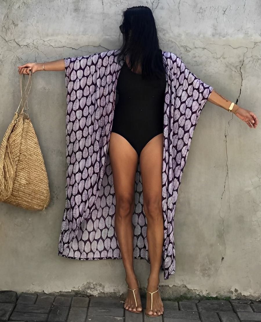 Viva Trend Retro Kimono | Langer, gemusterter Strandkimono mit Gürtel für Damen