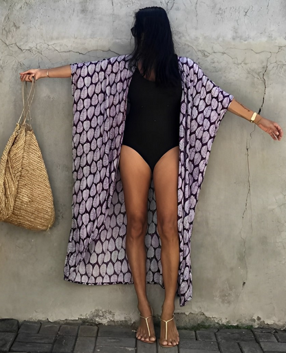 Viva Trend Retro Kimono | Langer, gemusterter Strandkimono mit Gürtel für Damen