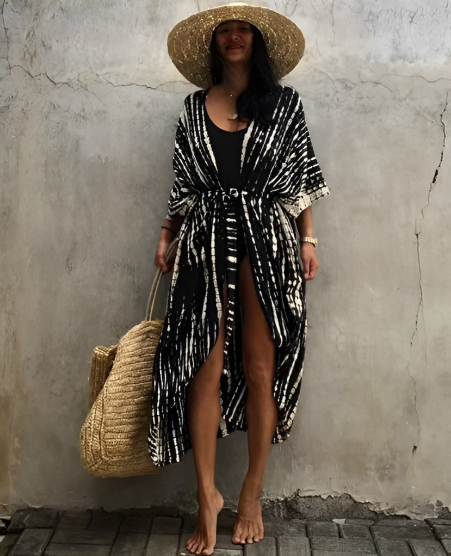 Viva Trend Retro Kimono | Langer, gemusterter Strandkimono mit Gürtel für Damen