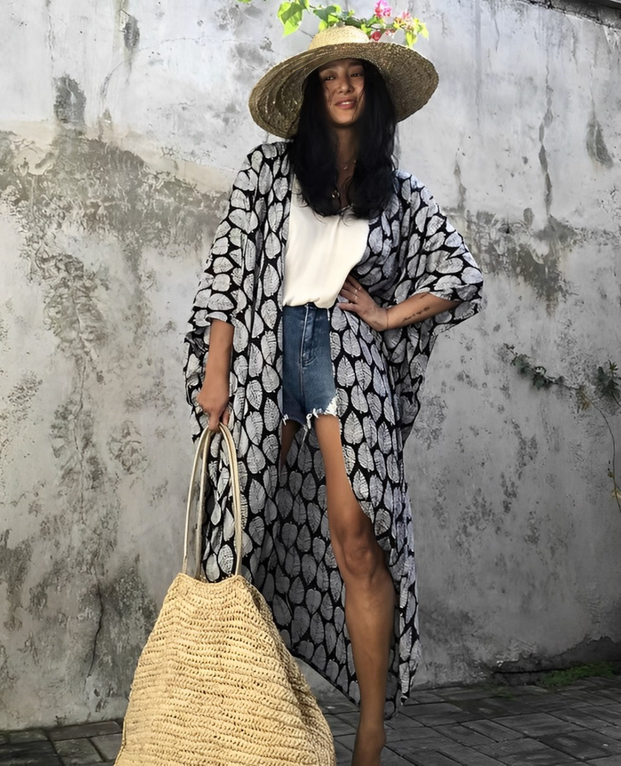 Viva Trend Retro Kimono | Langer, gemusterter Strandkimono mit Gürtel für Damen