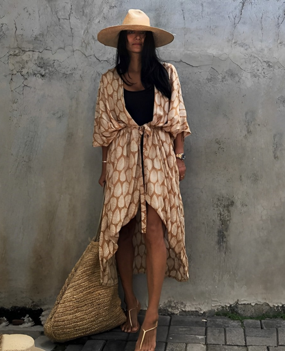 Viva Trend Retro Kimono | Langer, gemusterter Strandkimono mit Gürtel für Damen