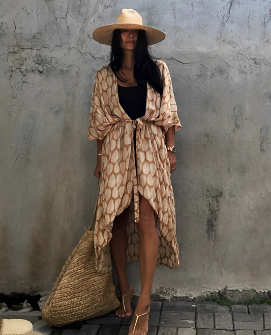 Viva Trend Retro Kimono | Langer, gemusterter Strandkimono mit Gürtel für Damen