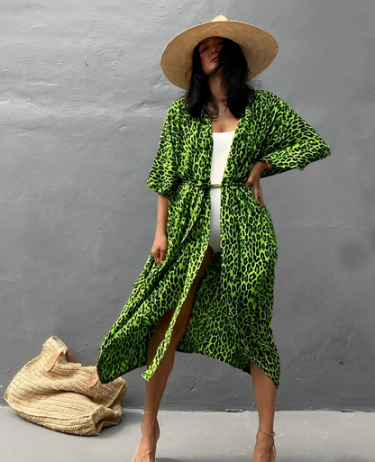 Viva Trend Retro Kimono | Langer, gemusterter Strandkimono mit Gürtel für Damen