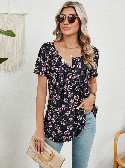 Marineblau Lose bedrucktes Schwalbenschwanz Kurzarm-T-Shirt
