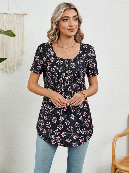 Marineblau Lose bedrucktes Schwalbenschwanz Kurzarm-T-Shirt